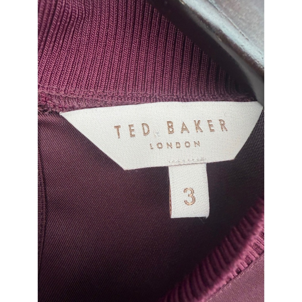 Ted Baker Wyonia Burgundy Mock Neck Ribbed Knit Trim Blouse Womens Size 3 Office - Picture 2 of 8